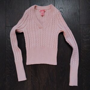 Pink Ribbed Cable Knit V-Neck Sweater by Coco & Shay Size XS